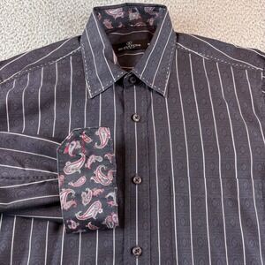 Bugatchi Uomo Dress Shirt Mens M Black Paisley Flip Cuff Geometric Print Cotton